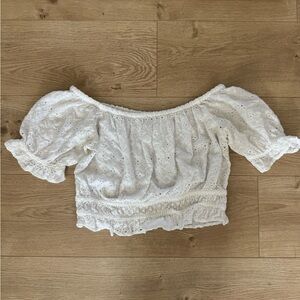 American Eagle Pointelle Embroidered Puff Sleeve Crop Top